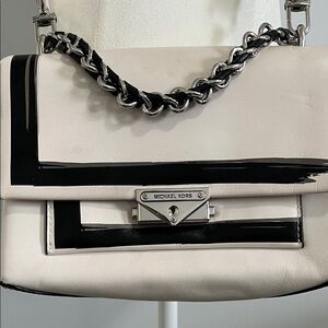 Michael Kors White Shoulder Bag with Black Accents and Silver Chain